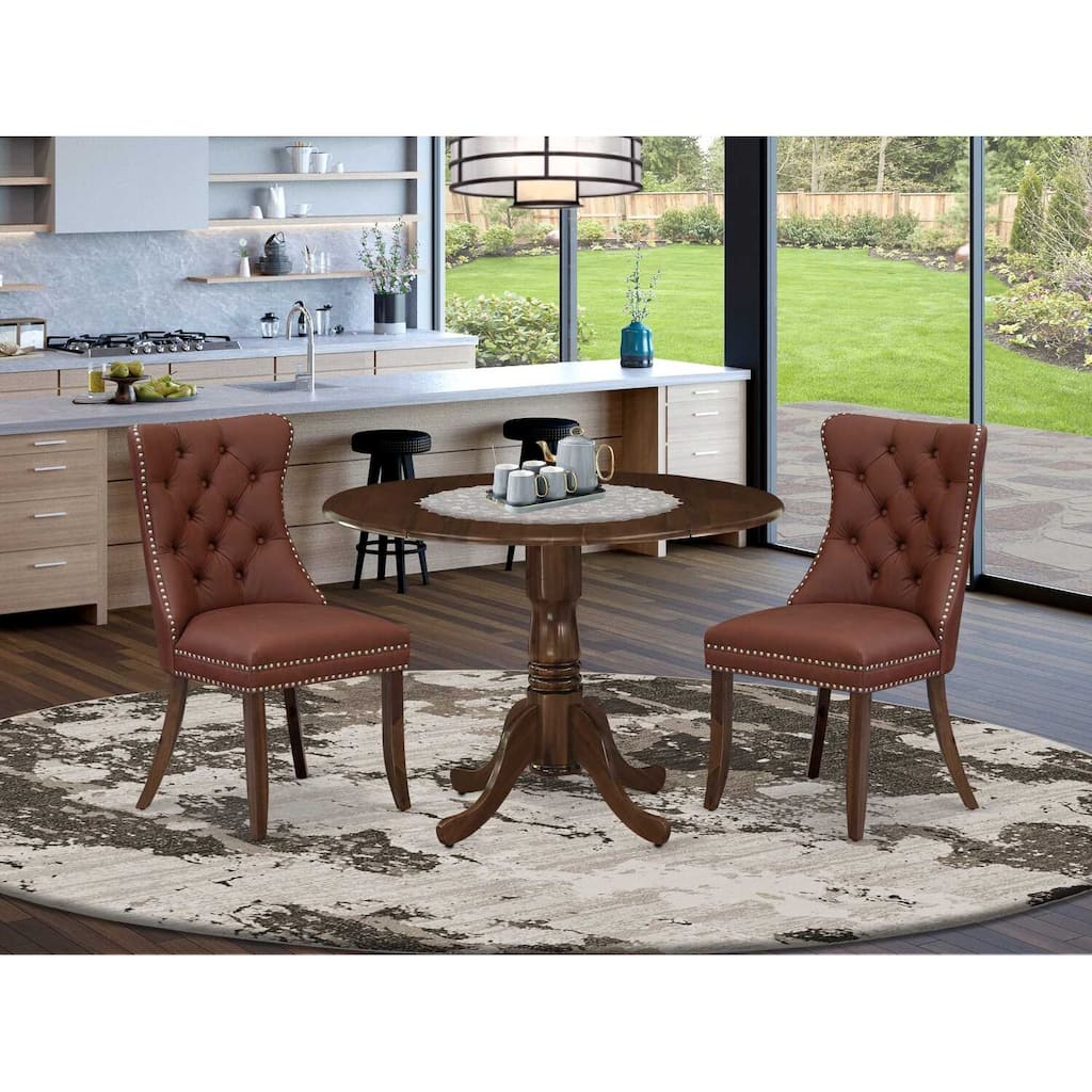 3-Piece Antique Walnut Finish Solid Wood Top-Round Upholstered Dining Room Set -Seats 4