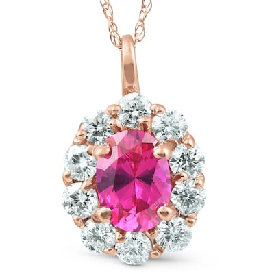 1 3/4ct Pink Sapphire & Genuine Diamond Halo Pendant Rose Gold