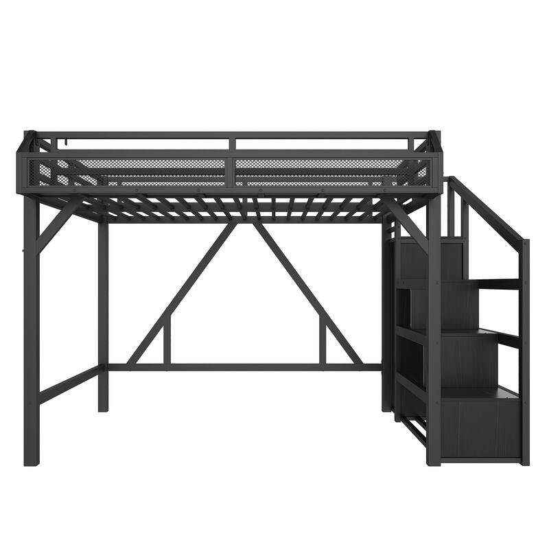 Queen/Full Metal Loft Bed with Storage Stairs, Wardrobe, USB Ports & LED Lights