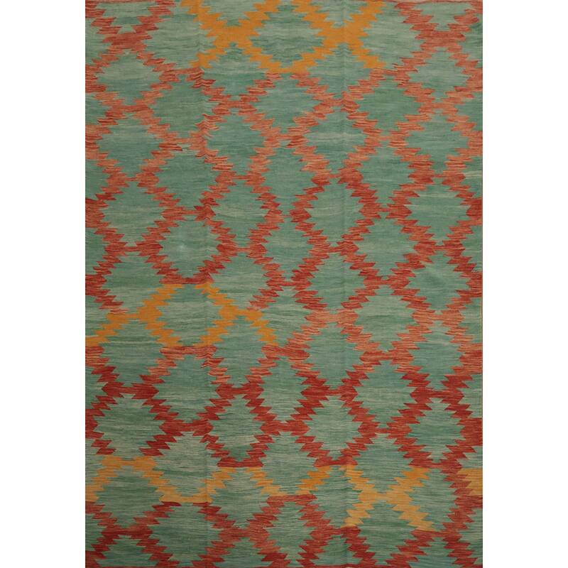 Hand Woven Oriental 100% Wool Carpet Southwestern Geometric Green Kilim Area Rug - 9' 11'' X 8' 4''
