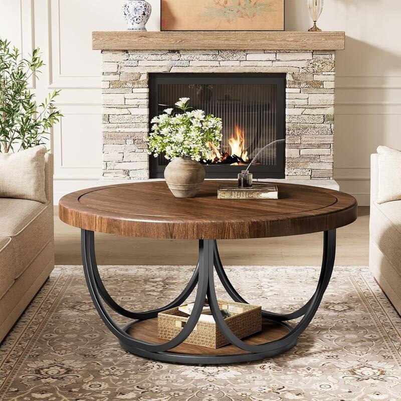 Round Coffee Table with 2 Tiers, 35.4" Wooden Circle Accent Cocktail Table with Storage Shelf and Metal Frame
