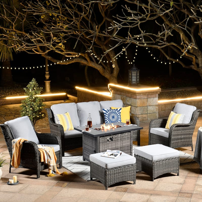 OVIOS Grey Wicker 6-piece Patio Furniture Set With Rectangular Fire Pit - Grey