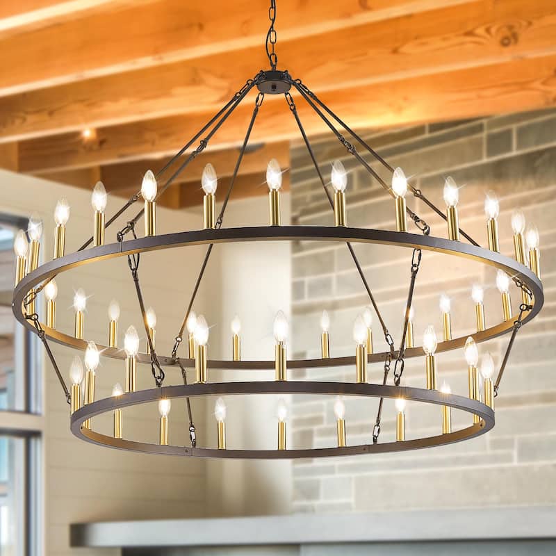 Modern Farmhouse Chandelier 2 Tier Round Wagon Wheel Chandelier Large High Ceiling Light. - 57Inch - Black&Gold
