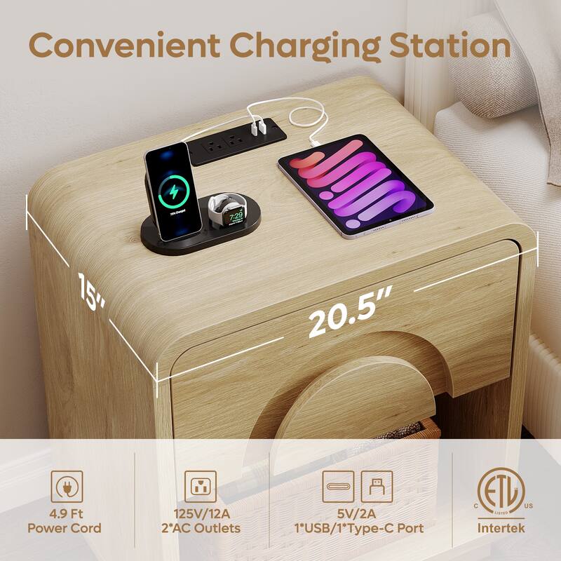 Bestier - Nightstand with Charging Station & Open Shelf, Modern Bedside Table End Table for Bedroom Living Room - Set of 2