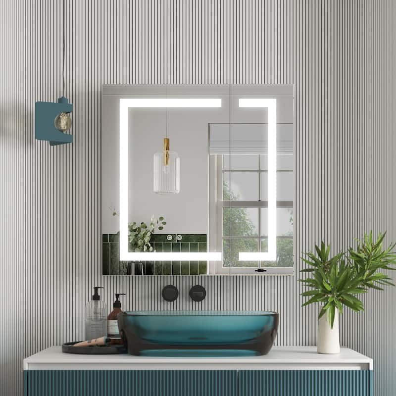 30" H Recessed or Surface LED Mirror Cabinet with Adjustable Glass Shelves,Defogger, Dimmer And Outlets & USB Ports - 30"W X30"H,Both Side Open