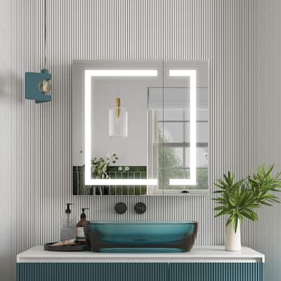 30" H Recessed or Surface LED Mirror Cabinet with Adjustable Glass Shelves,Defogger, Dimmer And Outlets & USB Ports