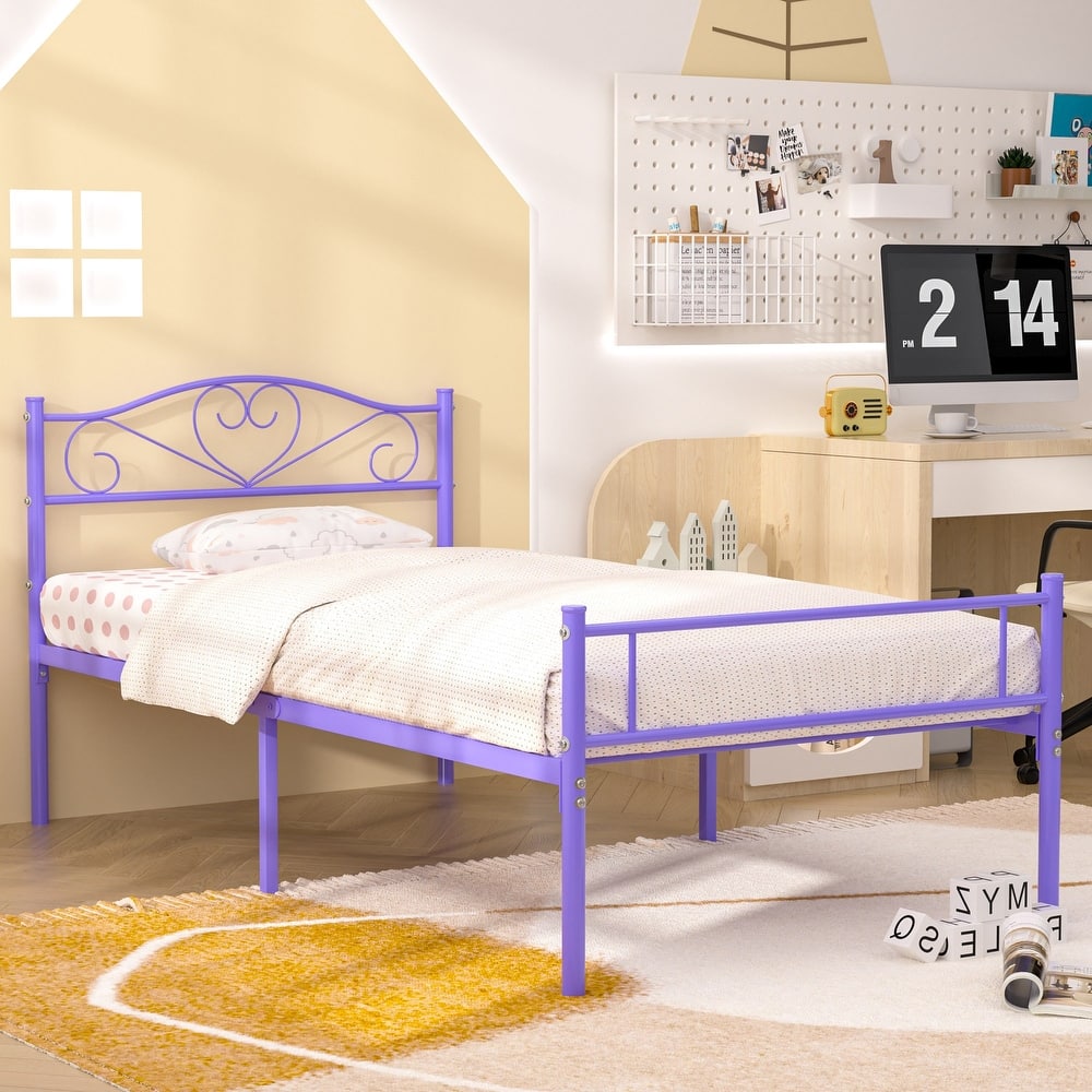 VECELO Victoria Metal Platform Bed Frames with Heart Pattern Headboard 12.6" Underbed Space No Box Spring Required
