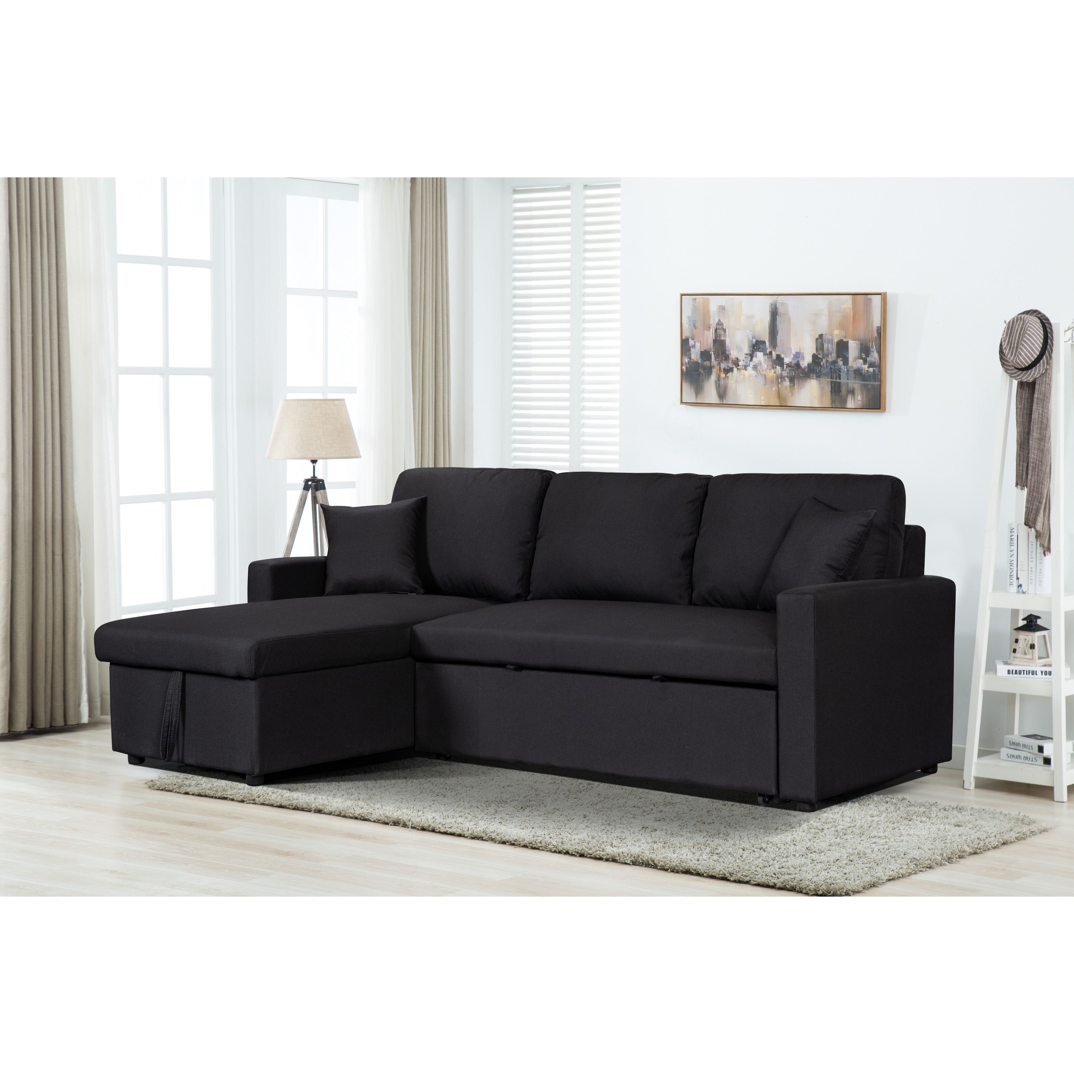 82"W Linen Fabric Reversible Sleeper Sectional Sofa with Storage Chaise