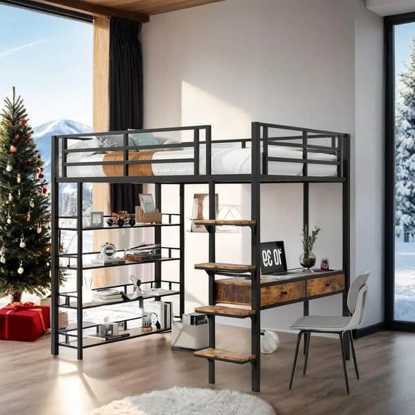 slide 2 of 14, Contemporary Design Full Size Metal Loft bed with Desk and Shelves, 3 in 1 Design, Ample Storage Space, Black Black