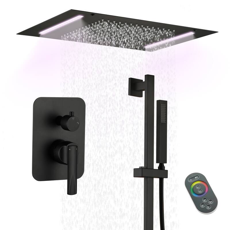 Double Handles 2-Spray 20 in. x 14 in. Ceiling Mount 64-Color LED Shower Faucet 2.5 GPM with Adjustable Slide Bar - Matte Black