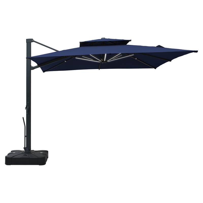 10ft Aluminum Square 2-Top Cantilever Market Umbrella with Base & Lights - Navy Blue