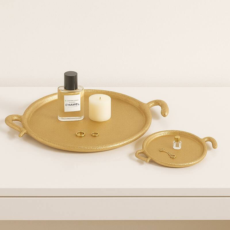 Metal Faux Snake Border Round Trays Set of 2 - Gold, 15" - 19.0" - Gold/ Metallic - 19.0"