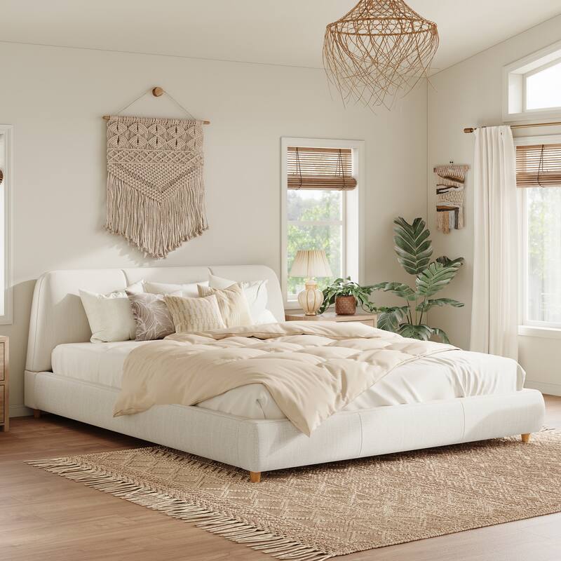 King Modern Upholstered Bed Frame, Linen Fabric, Solid Wood Legs, Elegant White - White