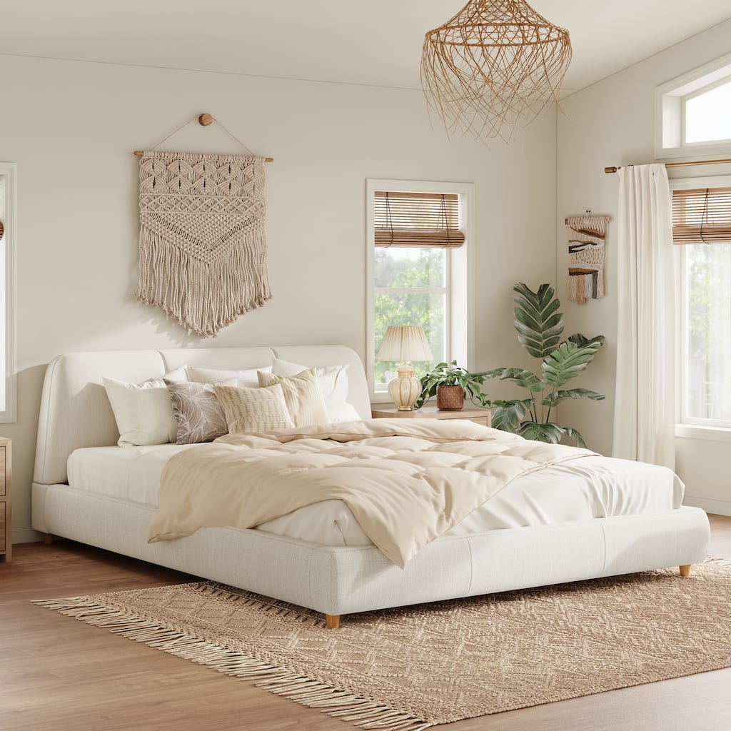 Roomfitters King Size Modern Upholstered Platform Bed Frame with Linen Fabric and Solid Wood Legs, White