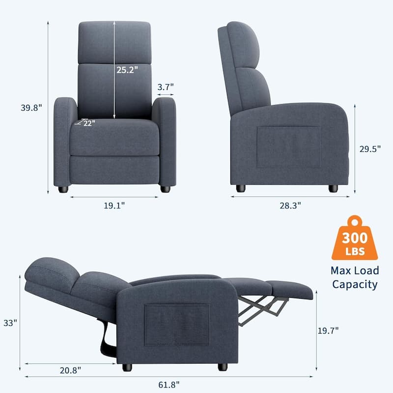 Recliner Chair for Adults, High Backrest, Thick Cushion, with Side Pocket