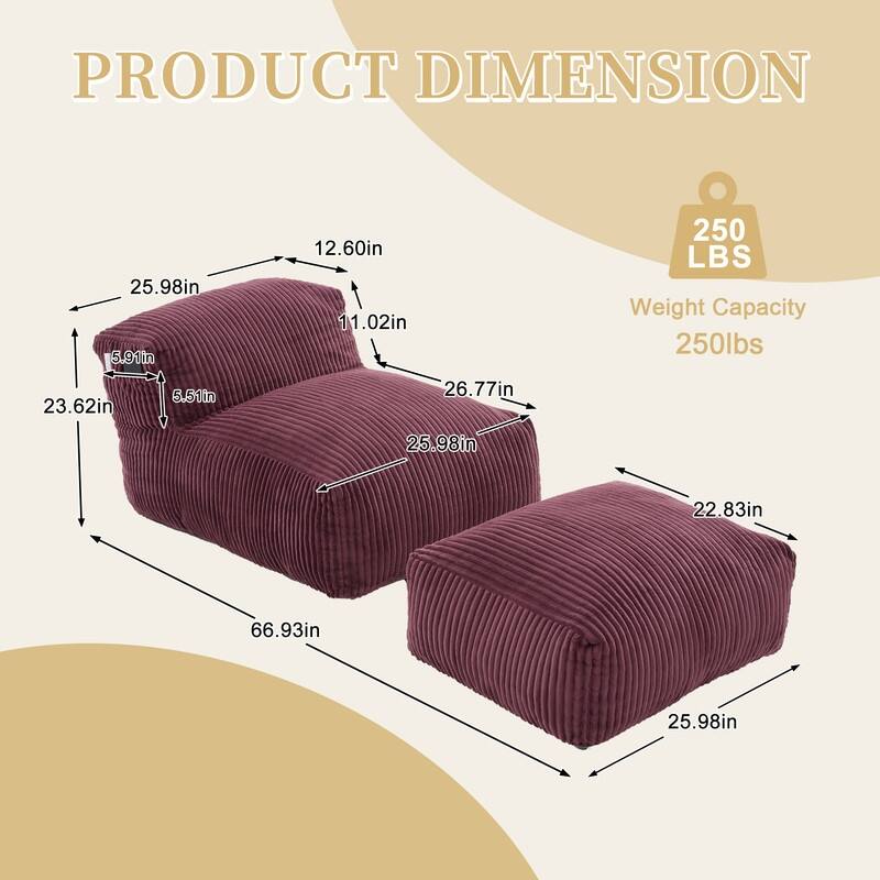 Corduroy Upholstered Lounger Large Ergonomic Support Compressed Bean Bag Sofa with Ottoman
