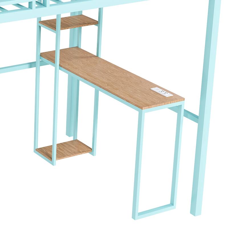 Full Size Iron Loft Bed with Desk and Charging Station, Heavy Duty Metal Loftbed Frame, Full Size High Loft Bed with Storage