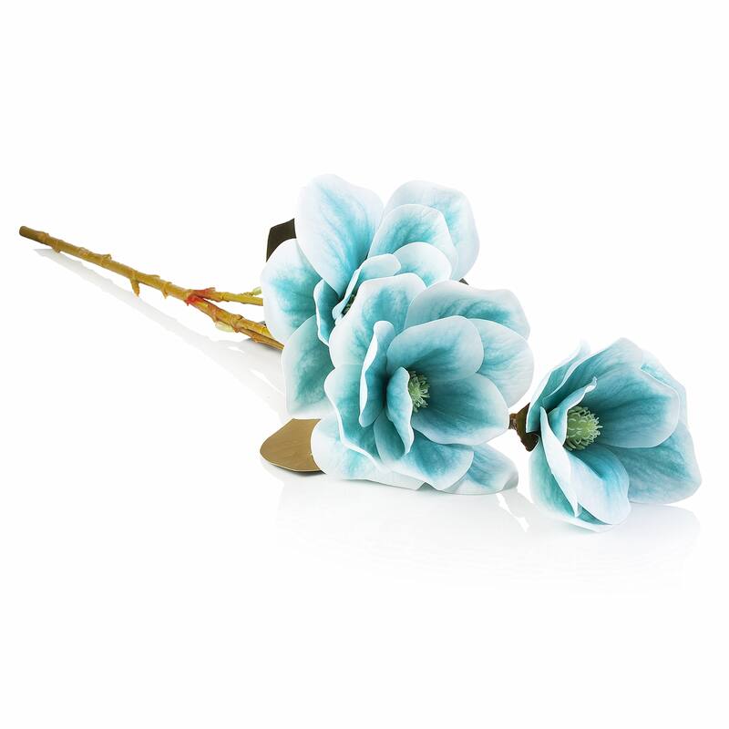 Enova Home 18" Artificial Nature Touch Magnolia Stem Fake Flowers for Home Decor - Blue