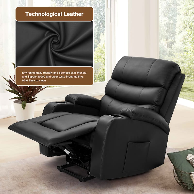 Oversized Power Lift Recliner Chair with Massage & Heat, PU Leather, USB Port, Cup Holders & Pockets