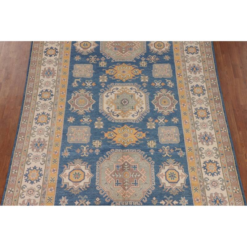 Blue Geometric Kazak Oriental Rug Handmade Traditional Wool Carpet - 6'8" x 10'0"