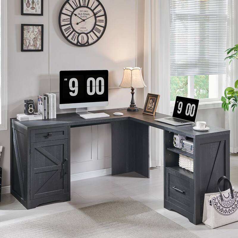Modern Farmhouse Home Office Desk, Computer Desk with File Cabinet