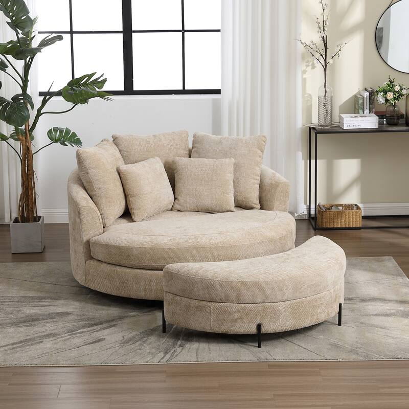 Modern Sofa Chair Round Accent Barrel Chair With 5 Pillows and Storage Ottoman