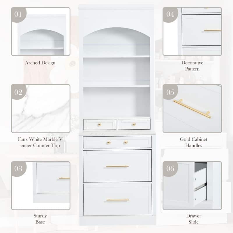 Modern 83.7-Inch Tall Kitchen Pantry with Faux Marble Top, Display Cabinet, 5 Drawers & Adjustable Shelf‌