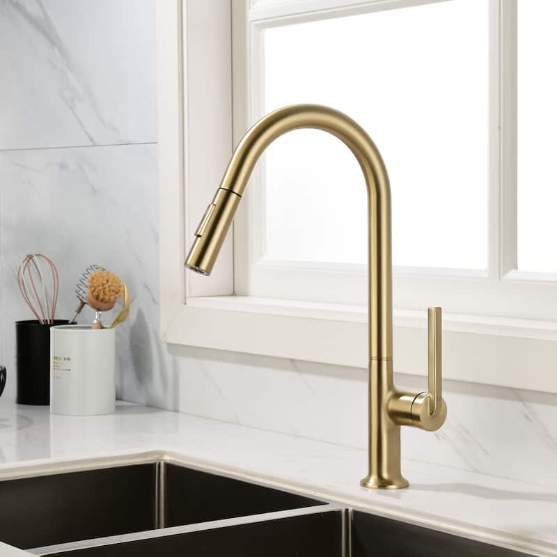 Single Handle Pull Down Sprayer Kitchen Sink Faucet Modern Commercial Kitchen Basin Faucets Brushed Gold