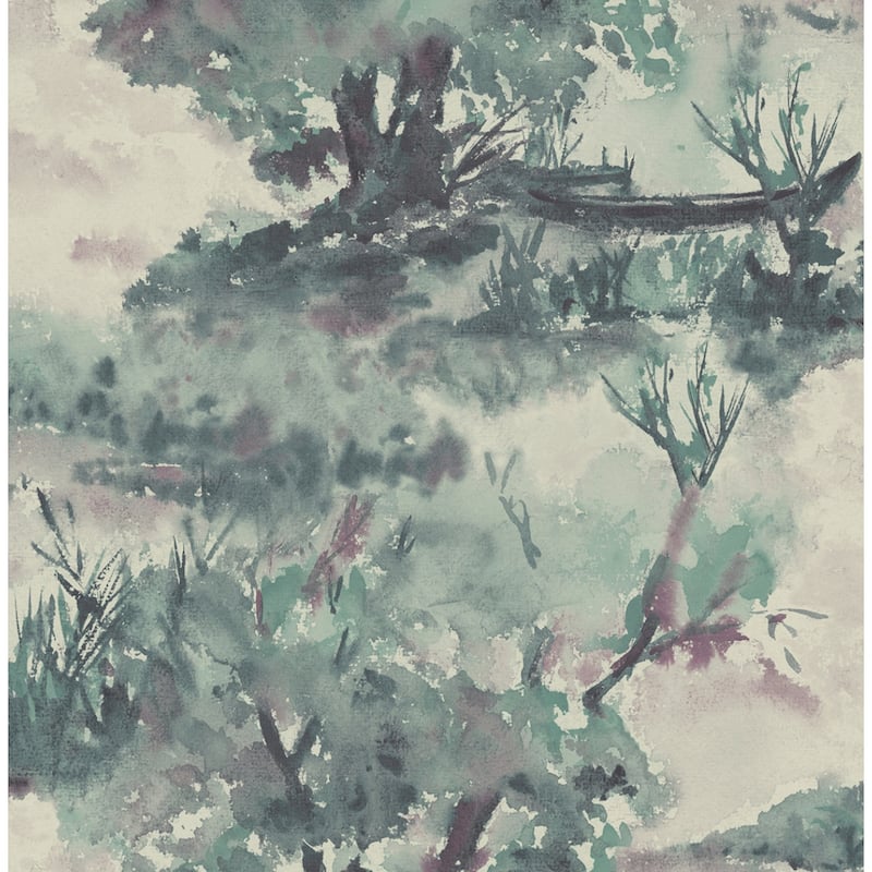 Seabrook Designs Attersee Trees Scenic Watercolor Unpasted Wallpaper - 20.5 in. W x 33 ft. L (approximately 56 sq. ft.) - Slate Blue. Rose & Teal