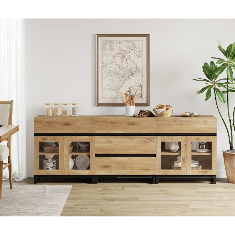 WAMPAT 3 in 1 Multifunctional Sideboard Buffet Cabinets with Glass Doors and 5 Drawers for Living Room, Kitchen