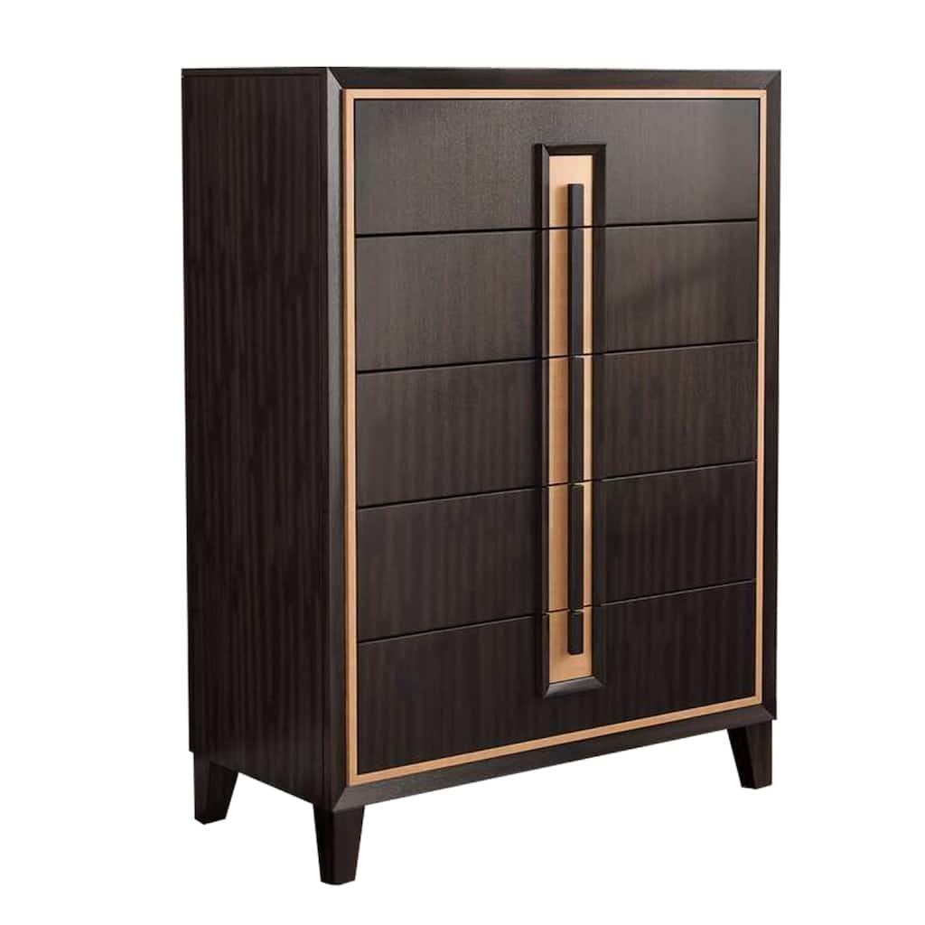 Yada Tall Dresser Chest, 5 Drawers, Espresso Brown Solid Wood, Gold