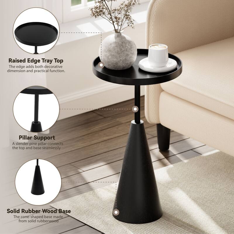 COZAYH Contemporary Round End Table with Tray Top, Solid Wood Pedestal Base for Living Room, Foyer, Study (Black)