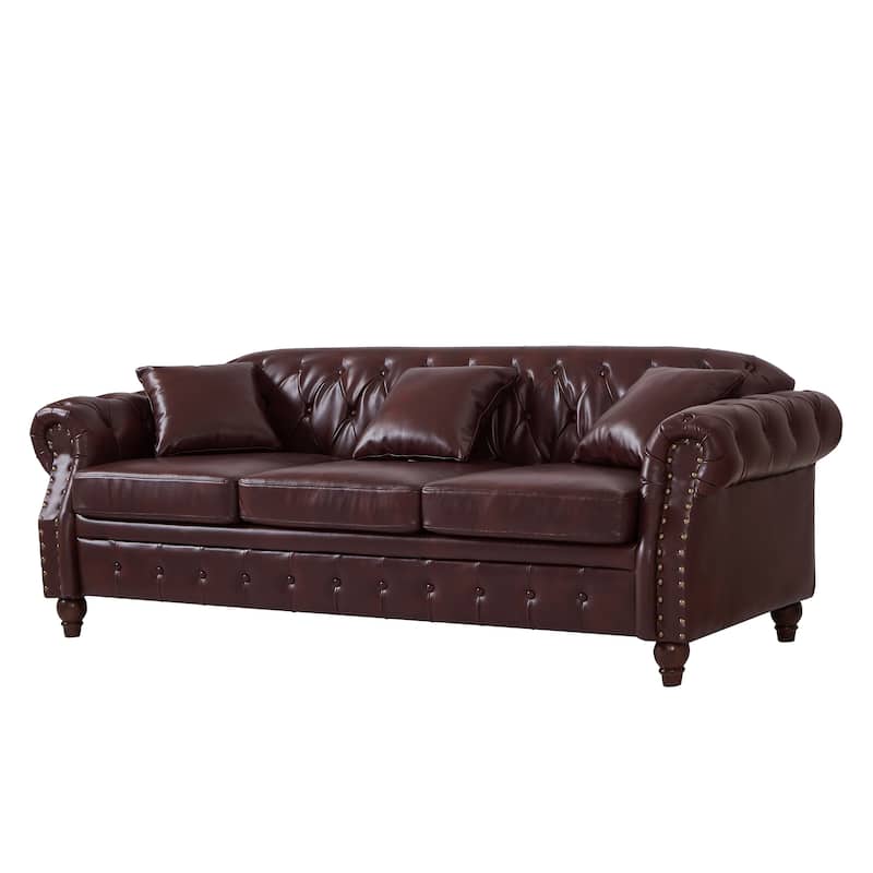 Faux Leather Chesterfield Sofa, Button Tufted 3 Seater Sofa with Storage, Upholstered Sofa with Nailhead Trim & 3 Pillows