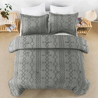 3PCS Tufted Comforter Set Boho Geometry Embroidery Queen Dark Grey ...