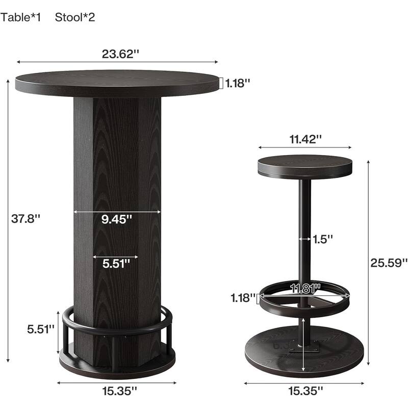 Round Bar Table with Chairs, Industrial Bistro Sets with 2 Bar Stools