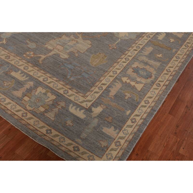 Hand Knotted Oriental 100% Wool Carpet Transitional All-Over Greys & Charcoal Oushak Area Rug - 14' 0'' X 10' 1''