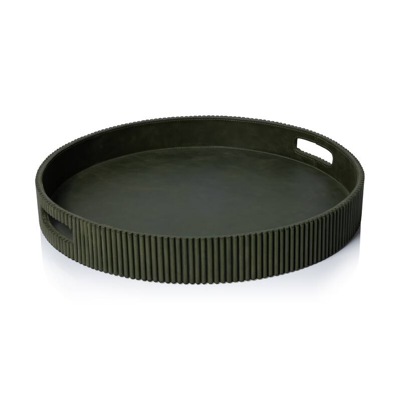 Round Fluted Green Leather Tray - 20"