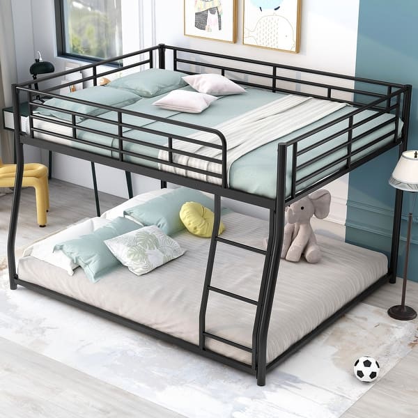 slide 2 of 13, Full XL Over Queen Low Bunk Bed with Sloping Stairs, Black Metal Frame Black - Full