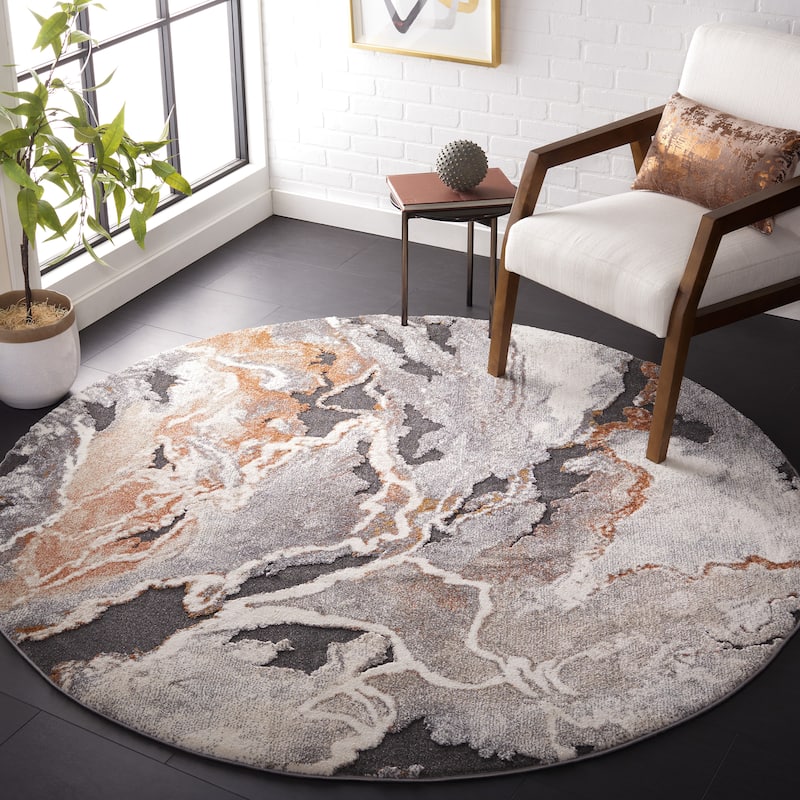 SAFAVIEH Cyrus Shag Kerasoula Abstract 1-inch Thick Rug - 6'7" Round - Dark Grey/Orange - Round