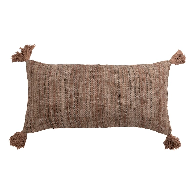 Woven Cotton Striped Lumbar Pillow with Chambray Back and Tassels