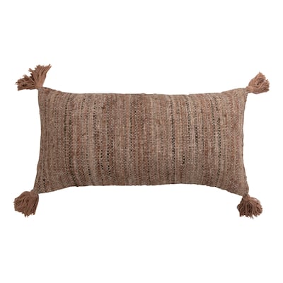 Woven Cotton Striped Lumbar Pillow with Chambray Back and Tassels