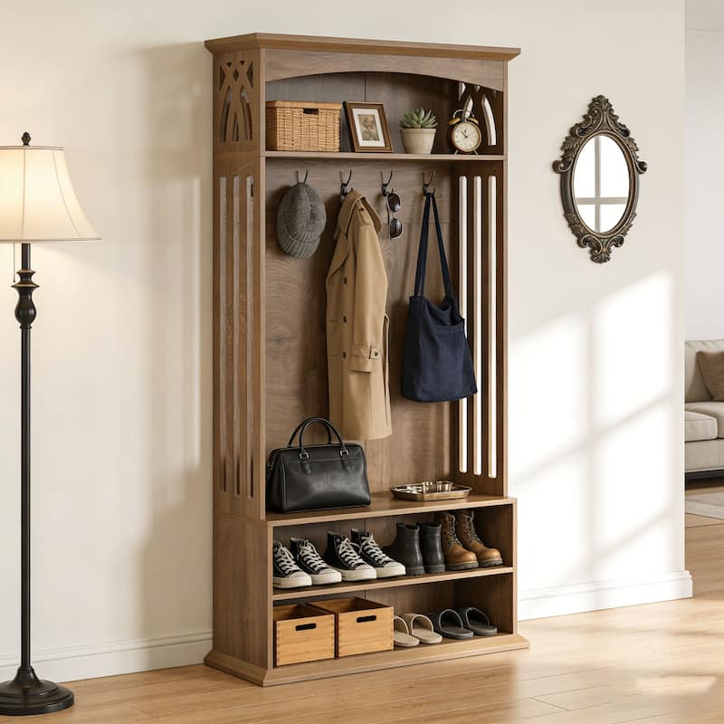 Hall Tree with Bench and Shoe Storage, 71" Coat Rack with Shoe Bench