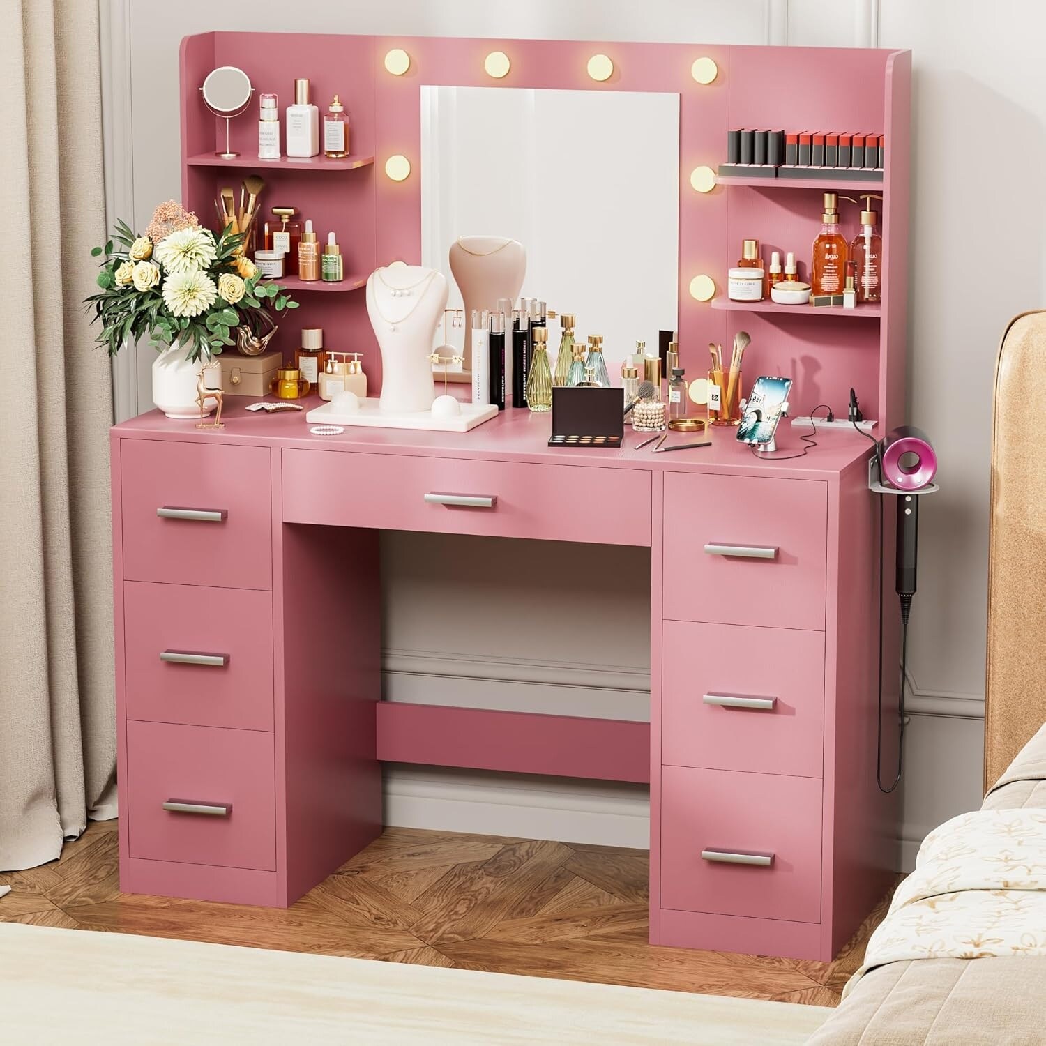 LED Lighted Makeup Vanity Desk with Mirror, 7 Drawers, 6 Shelves, Power Outlet, and Hair Dryer Rack in Light Pink