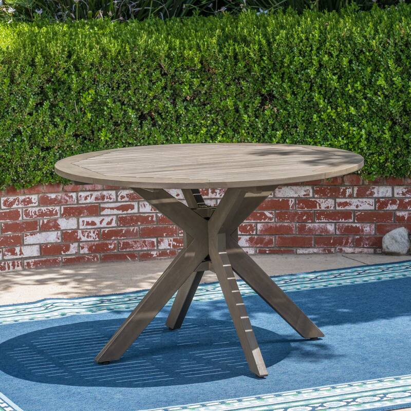 Roomfitters Stanford Outdoor Round Acacia Wood Dining Table with X-Base, Slat Top, Grey