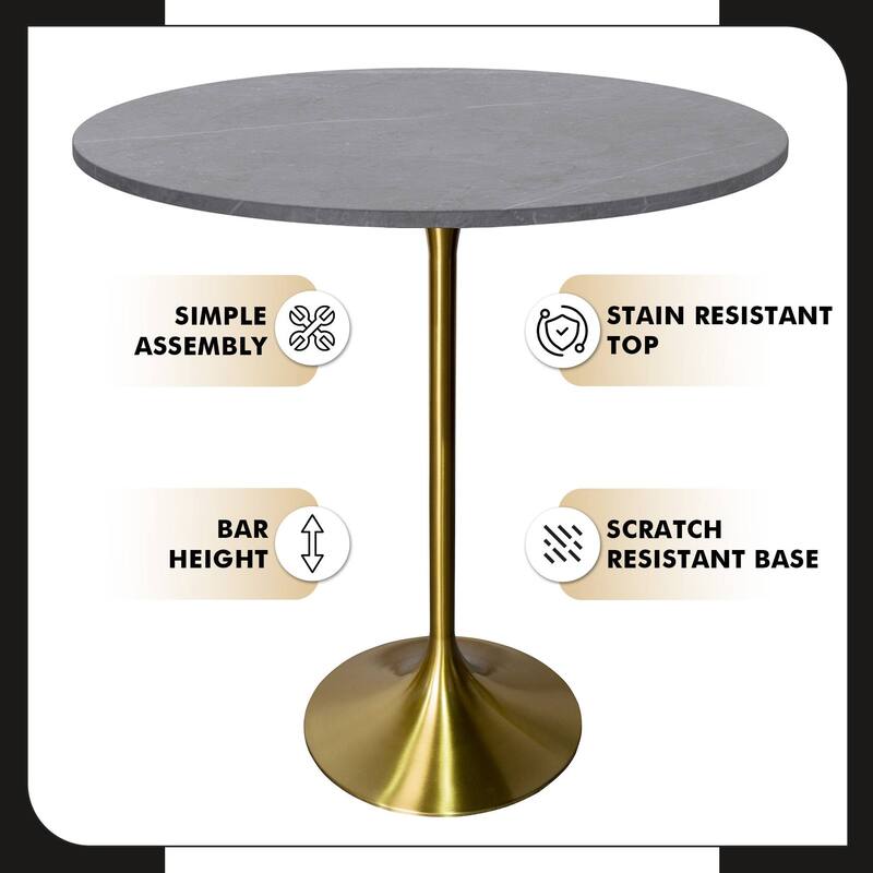 LeisureMod Verve 36" Bar Dining Table with Sintered Stone Round Top in Gold Steel, Gold Marbleized