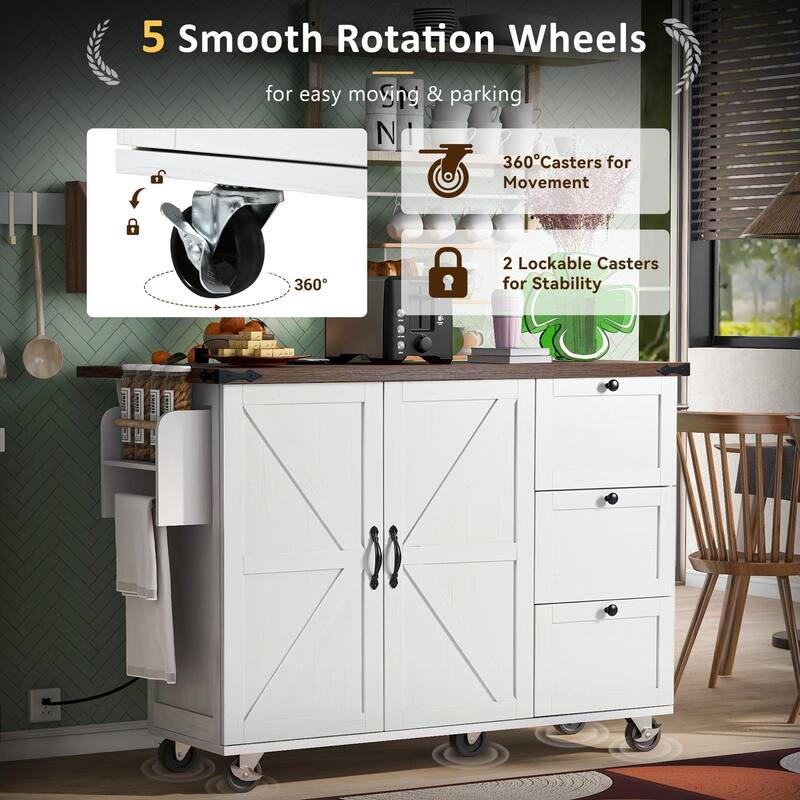 Farmhouse Kitchen Island with Power Outlet, Rolling Kitchen Cart on Wheels with Internal Storage Rack, Drop Leaf, Spice Rack
