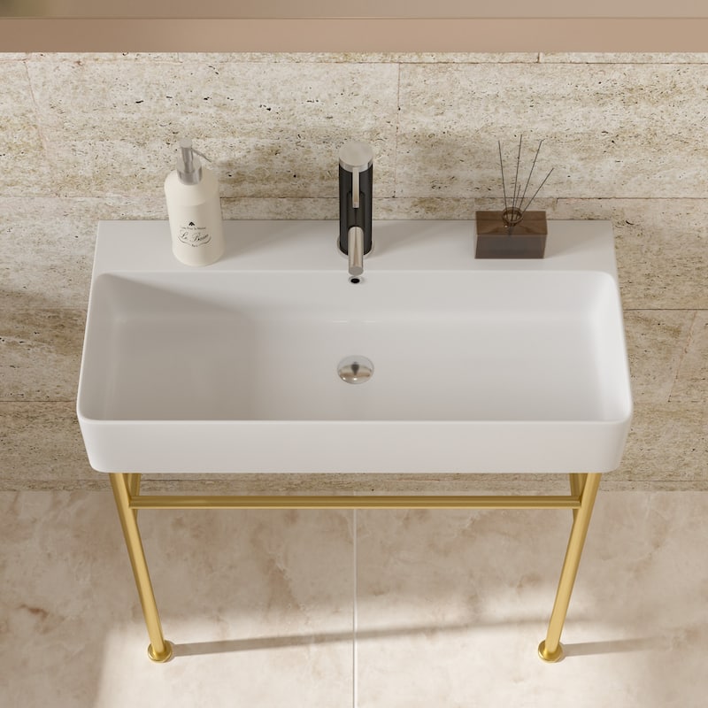 Ceramic Console Sink with Polished Nickel Support, 32-Inch Bathroom Sink with Overflow