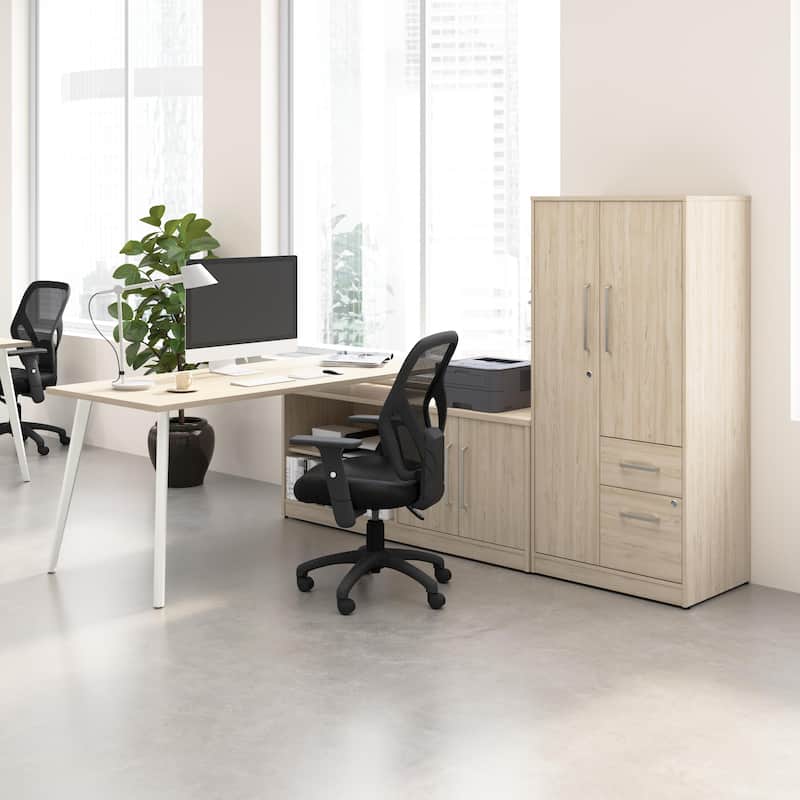 Bush Business Furniture Vista 72W L Shaped Desk with Cabinet, Wardrobe - Natural Elm