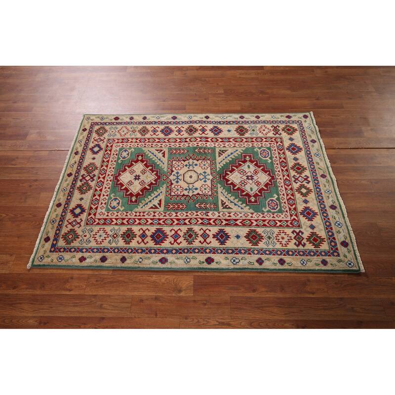 Kazak Oriental Accent Rug Handmade Green Wool Carpet - 3'3" x 4'8"
