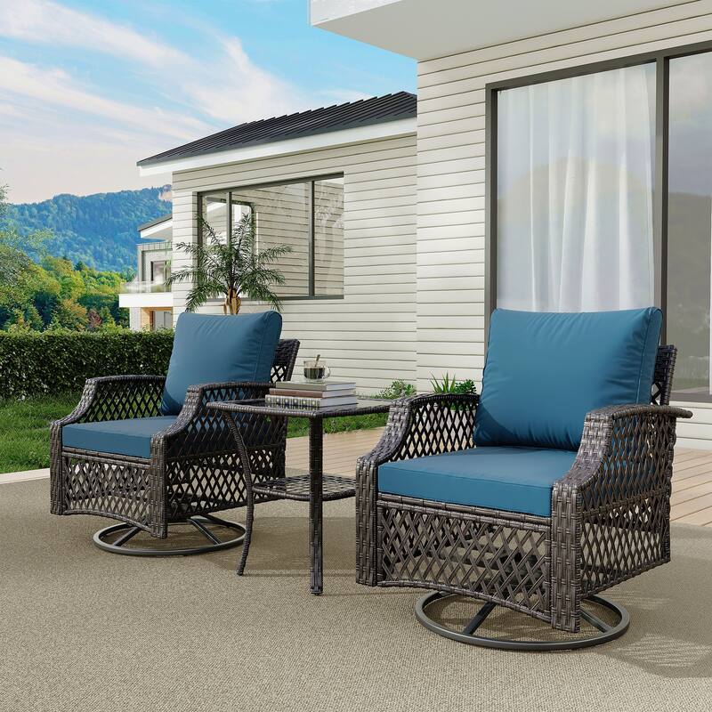 Outdoor Wicker Patio Set w Swivel Chairs & Sofa, Ottomans and Tables, Modular 3/5/6/7-Piece, All-Weather Conversation Set. - 3-Piece - Turquoise